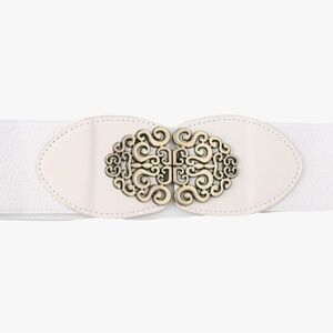 White Elastic Leather Gold Swirl Detail Buckle Wide Belt